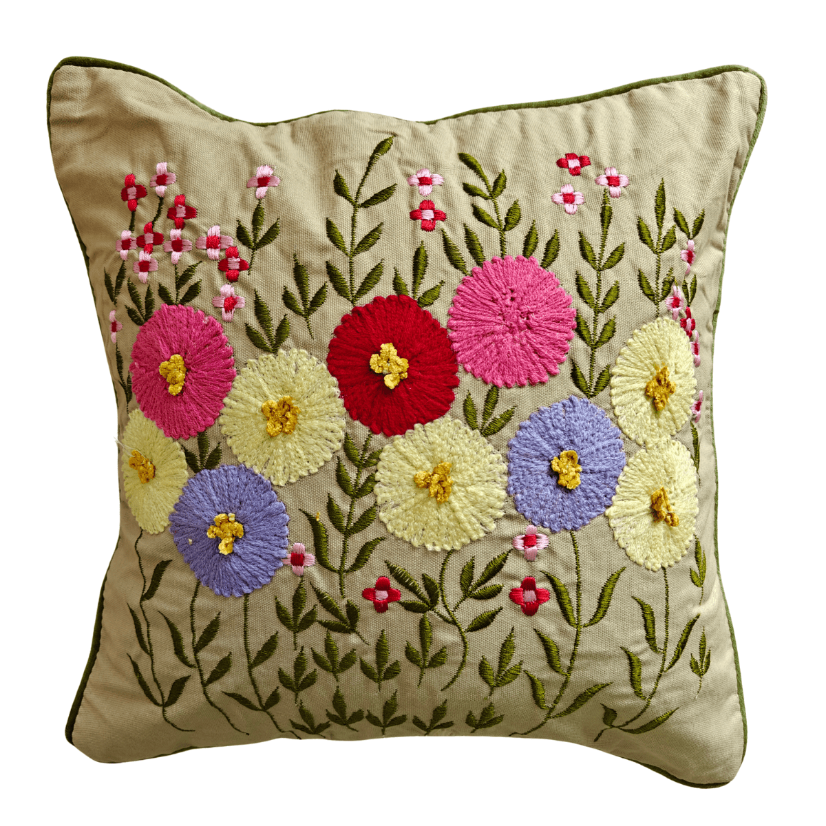 Inaya Embroidered Cushion Cover, 16" x 16", Beige, Pack of 1 - Coral Slub -